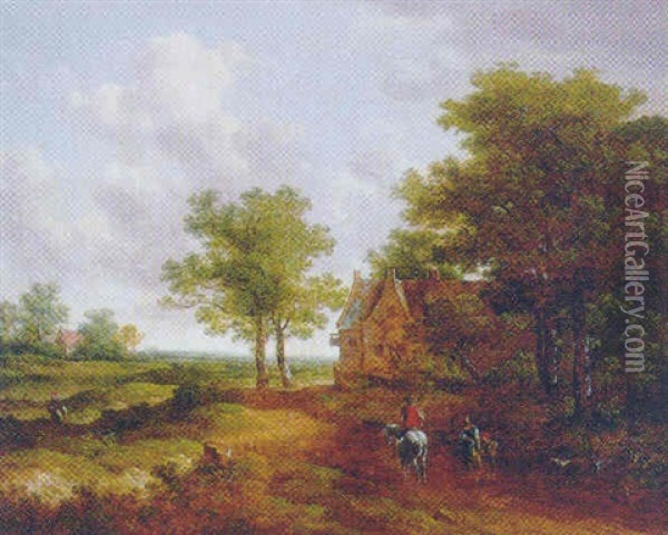 A Traveller Conversing With A Peasant Woman On A Track By An Inn Oil Painting - Meindert Hobbema