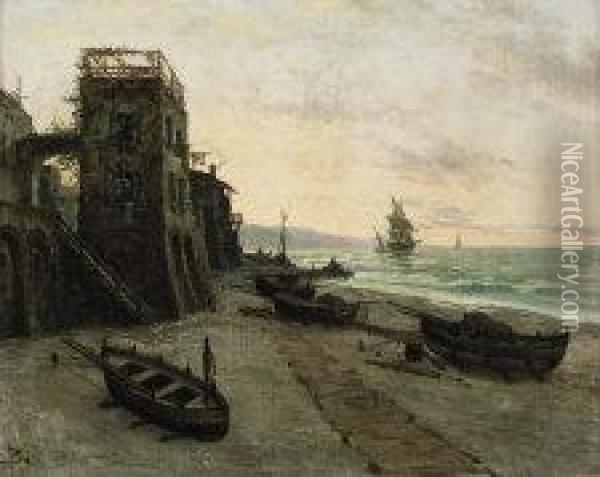 Barche E Reti Sulla Spiaggia Oil Painting - Giacinto Bo