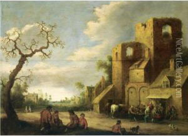 A Village Scene With Peasants 
Drinking Outside An Inn, Otherfigures Resting Beneath A Tree Oil Painting - Joost Cornelisz. Droochsloot