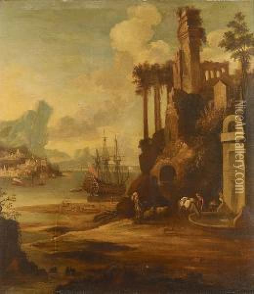 An Italianate Landscape With A Man O'war At Anchor In A Bay Beyond Oil Painting - William Van Der Hagen