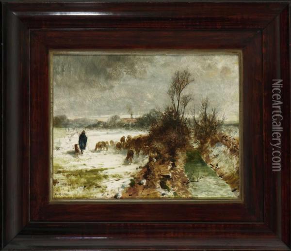 Schafhirte Mit Herde In Winterlicher Bachlandschaft. Oil Painting - Friedrich Otto Gebler