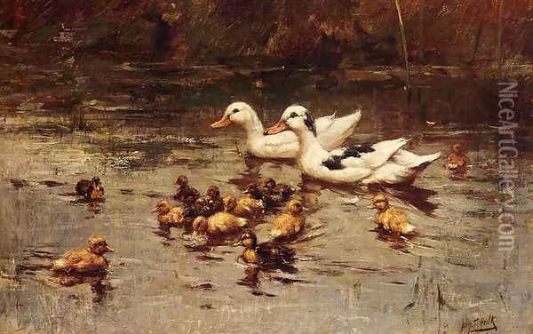 Ducks Having A Swim Oil Painting - Johannes Frederik Hulk