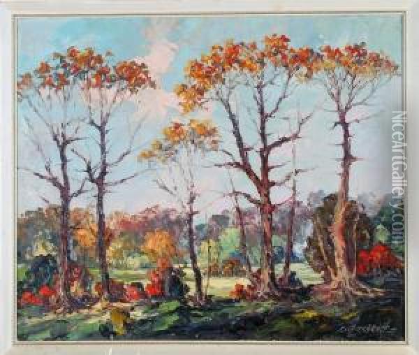 Trees With Golden Leaves, Landscape Oil Painting - Leonid Gechtoff