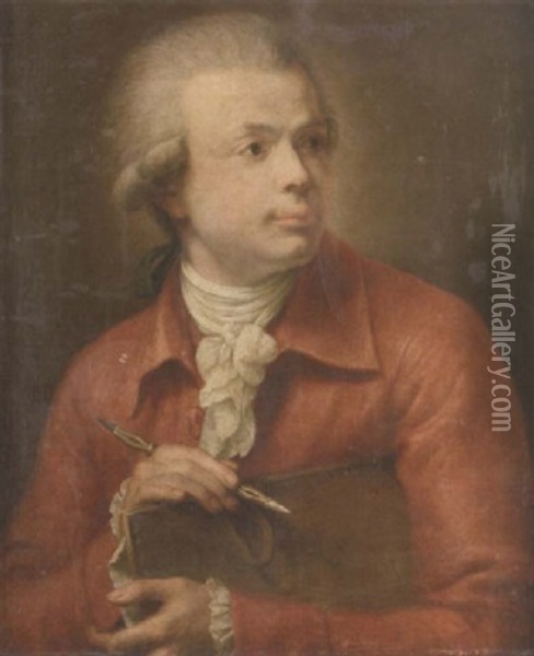 Portrait Of A Gentleman In A Salmon Pink Jacket With A White Cravat, Holding A Folio And A Pen Oil Painting - Joseph Ducreux