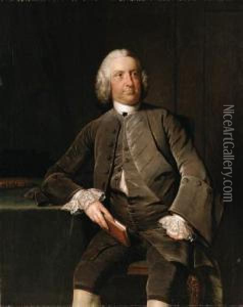 Portrait Of A Gentleman, Seated 
Three-quarter Length, In A Greyvelvet Suit And Lace Cuffs, Holding A 
Book Beside A Table Oil Painting - Thomas Frye