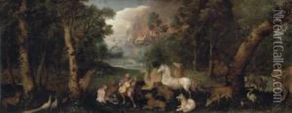Orpheus Charming The Animals Oil Painting - Tobias van Haecht (see Verhaecht)