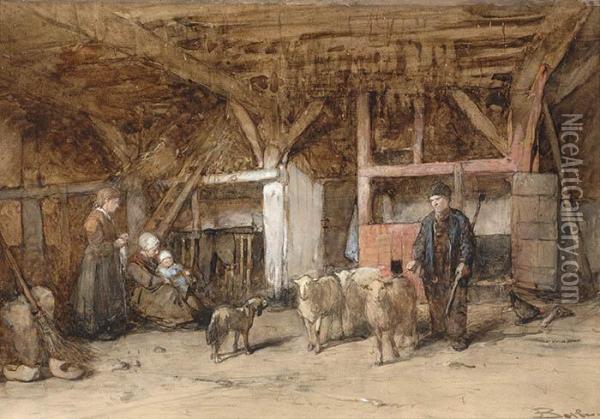 Stable With Peasant Family Oil Painting - Johannes Bosboom