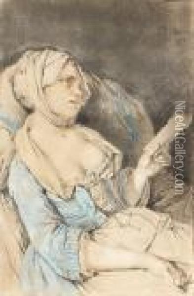 Une Femme Adossee, De Trois-quarts, Tenant Une Lettre. Oil Painting - Pierre-Alexandre Wille