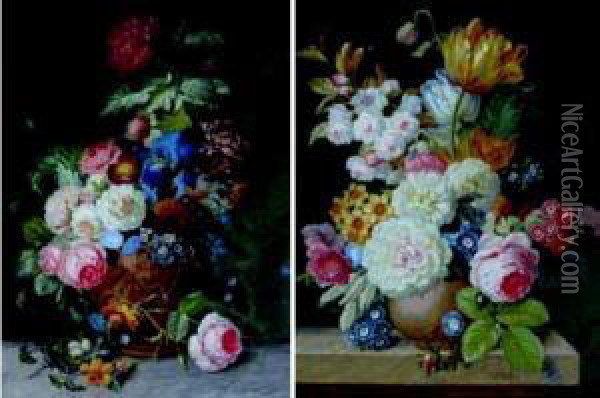 Bouquet De Fleurs 
Une Paire Gouache Oil Painting - C. Voss