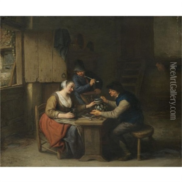 A Tavern Interior With Two Boors Seated At A Table Drinking, A Third Standing Behind Smoking A Pipe Oil Painting - Adriaen Jansz van Ostade