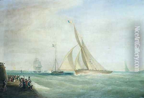 HMS Coquette and Falcon with Lord Yarborough on board and the Royal Yacht with King William on board off the Isle of Wight Oil Painting - William John Huggins