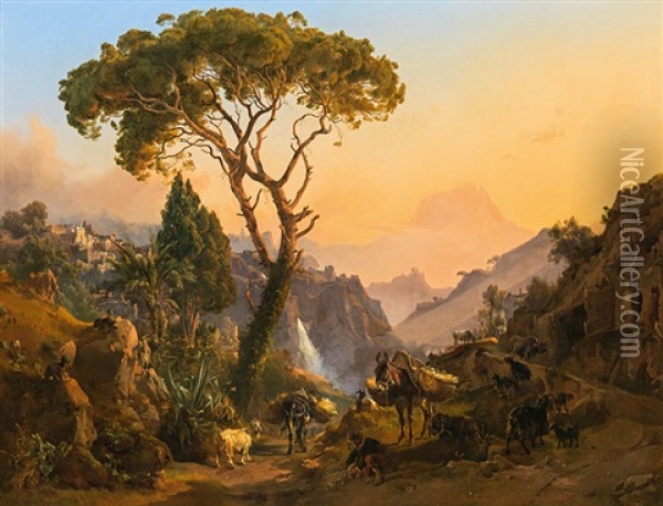 Italian Landscape With A Herd Of Goats Oil Painting - Johann Nepomuk Rauch