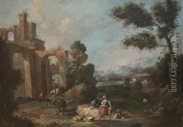 A Horseman With A Shepherdess Resting On A Rock And Other Figures With Ruins In The Distance; And A Shepherd And A Shepherdess Grazing Their Livestock Before A Mountainous Landscape (pair) Oil Painting - Antonio Diziani