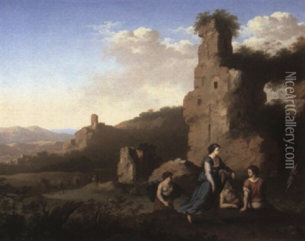 Campagnan Landscape With Peasant Women Carrying Baskets Of Washing Oil Painting - Cornelis Van Poelenburgh
