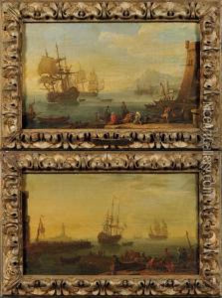 Lot Of Two Harbor Scenes. Oil Painting - Adriaen Manglard