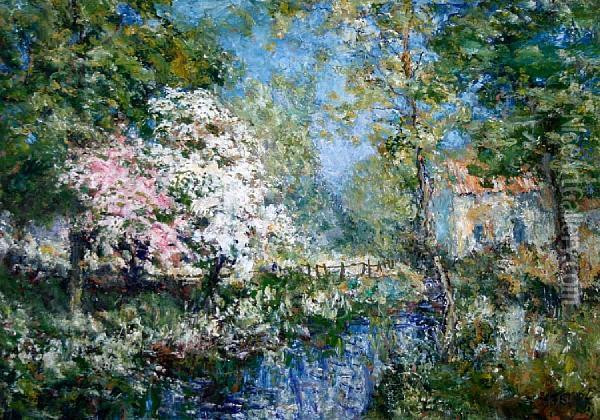 Woodland Stream With Blossom Trees Oil Painting - John Falconar Slater