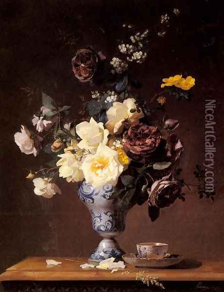 Roses and other Flowers in a blue and white Vase and a aTeacup on a Ledge Oil Painting - Francois Rivoire
