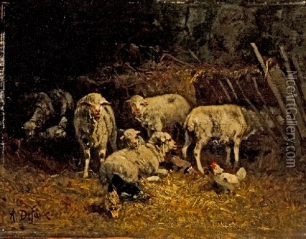 Stallinneres Mit Schafen Und Huhnern Oil Painting - Alexandre Defaux