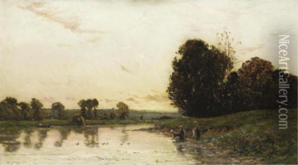 River Scene At Sunset With Washer Women Oil Painting - Hippolyte Camille Delpy