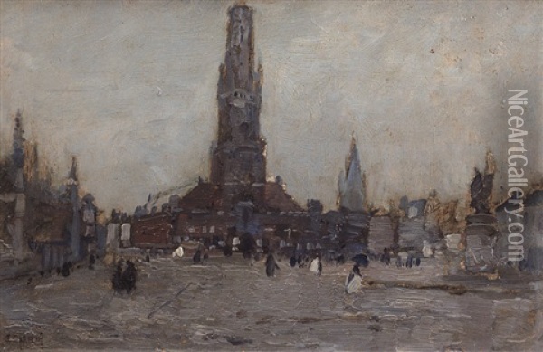 Bruges (piazza) Oil Painting - Guglielmo Ciardi