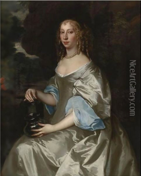 Portrait Of A Lady, Half-Length, Wearing A Grey Satin Gown Oil Painting - Jacob Huysmans