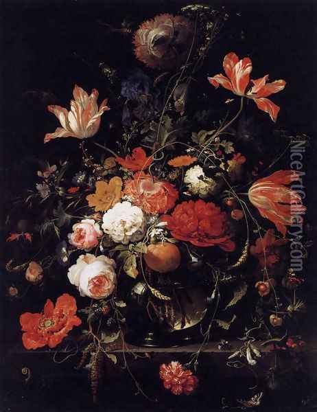 A Glass of Flowers and an Orange Twig 1660s Oil Painting - Abraham Mignon