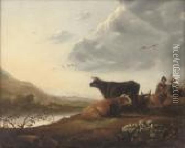Cattle And Drovers In A River Landscape Oil Painting - Aelbert Cuyp