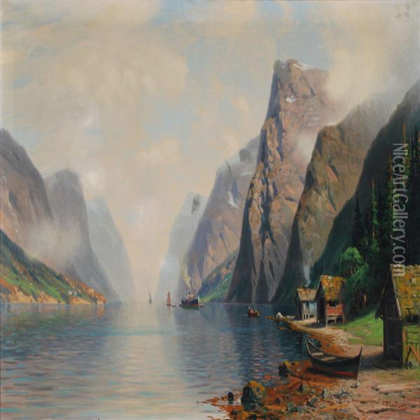 Norwegian Mountainscape With Houses And Ships Oil Painting - Johannes Hardes