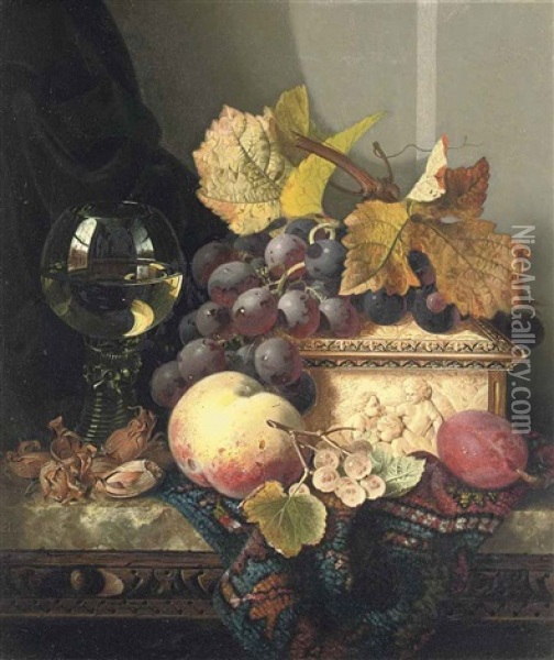 Black Grapes, A Peach, A Plum, White Currants, Hazelnuts, A Roemer And An Ivory Casket On A Carpet On A Marble Ledge Oil Painting - Edward Ladell