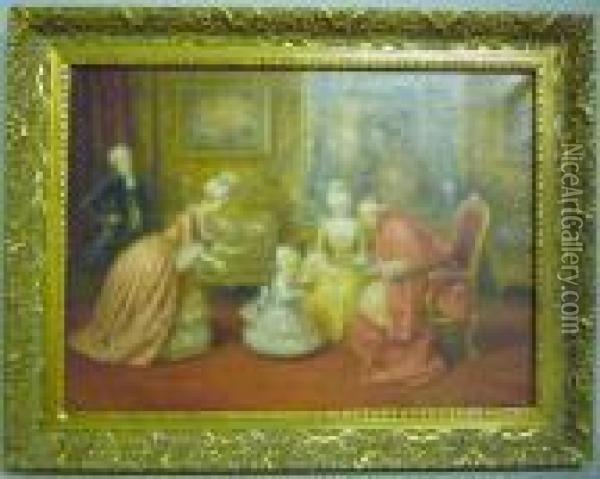 Interior Conversational Scene Oil Painting - A. Zoffoli