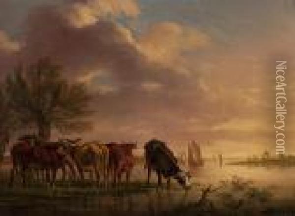 Cows In The Floodplain With Ships In Thebackground Oil Painting - Aelbert Cuyp
