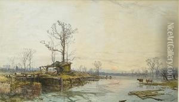 A Winter River Scene With Cattle Oil Painting - Charles Brooke Branwhite