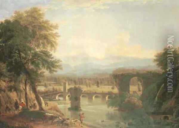 The Augustan bridge on the Nera river, near the town of Narni, Italy 1790 Oil Painting - Jean-Joseph-Xavier Bidauld