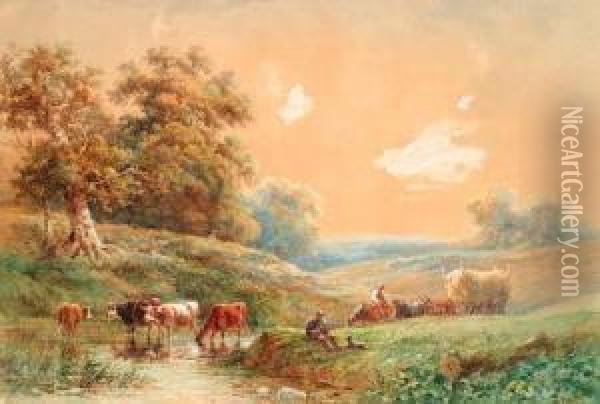 Figures With A Horse And Cart And Cattle Watering By A Stream Oil Painting - Henry Earp