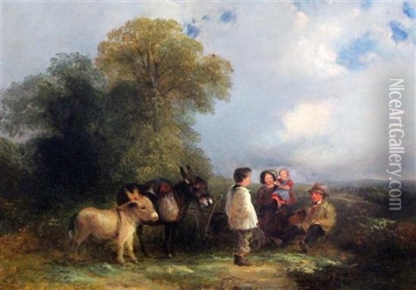 Travelers Resting On A Track With Two Donkeys And A Cart Oil Painting - George Cole