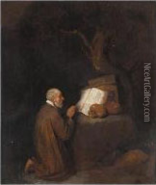 A Study Of A Hermit Kneeling Before An Open Book And Skulls Oil Painting - Quiringh Gerritsz. van Brekelenkam
