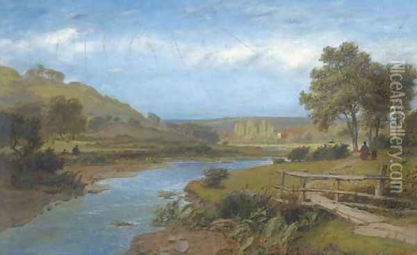 The walk home by the river; and Angling on the river Oil Painting - Charles Marshall