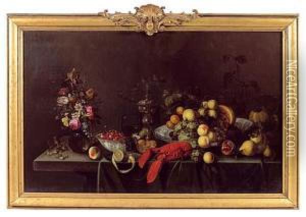 Nature Morte Au Homard, Fruits Et Bouquet De Fleurs Sur Un Entablement Oil Painting - Michiel Simons