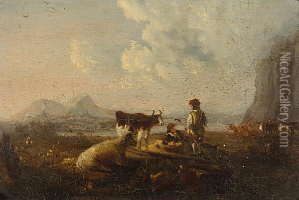 Cattle Watering At A Ford With Figures In An Extensive Landscape Oil Painting - Claude Lorrain (Gellee)