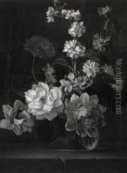Flowers In A Vase On A Ledge Oil Painting - Jean-Baptiste Monnoyer
