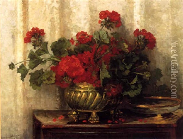 Red Geraniums In A Bowl Oil Painting - Jeannette Slager