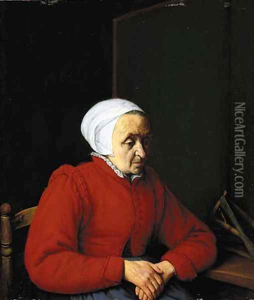 An elderly lady in a red coat, by a table with a distaff Oil Painting - Adriaen Jansz. Van Ostade