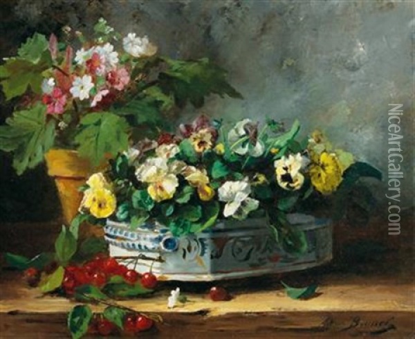 Pansies And Primroses Oil Painting - Alfred Arthur Brunel de Neuville