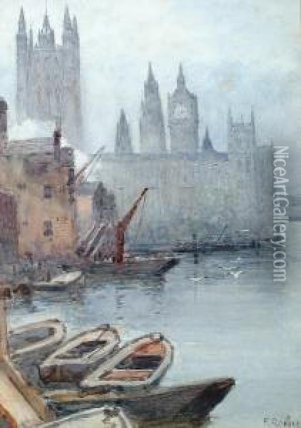 View Along The River To The Houses Of Parliament Oil Painting - Frank Rousse