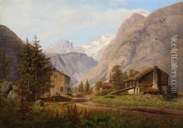 View From A Norwegian Mountain Village In Telemark Oil Painting - Anton Edvard Kjeldrup