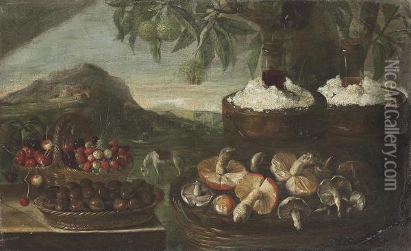 Baskets With Cherries, Strawberries, Chestnuts And Mushrooms On Astoneledge, A Landscape With A Horse Beyond Oil Painting - Bartolommeo Bimbi