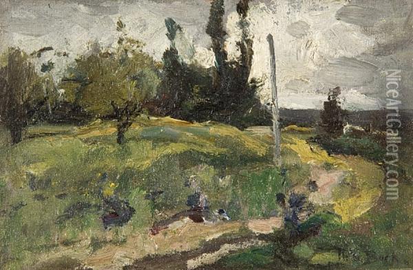 Figures In A Landscape Oil Painting - Theophile Emile Achille De Bock