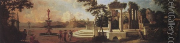 Elegant Figures In A Wooded Parkland Landscape With A Fountain And Classical Ruins Oil Painting - Dirk Dalens the Younger