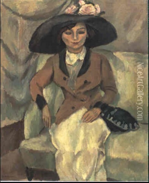 Woman Wearing Hat With Roses Oil Painting - Jules Pascin