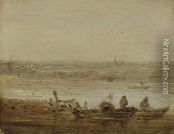 A River Landscape With Fishermen In Boats Hauling In Their Nets, A View Of A Church In The Far Distance Oil Painting - Jan van Goyen